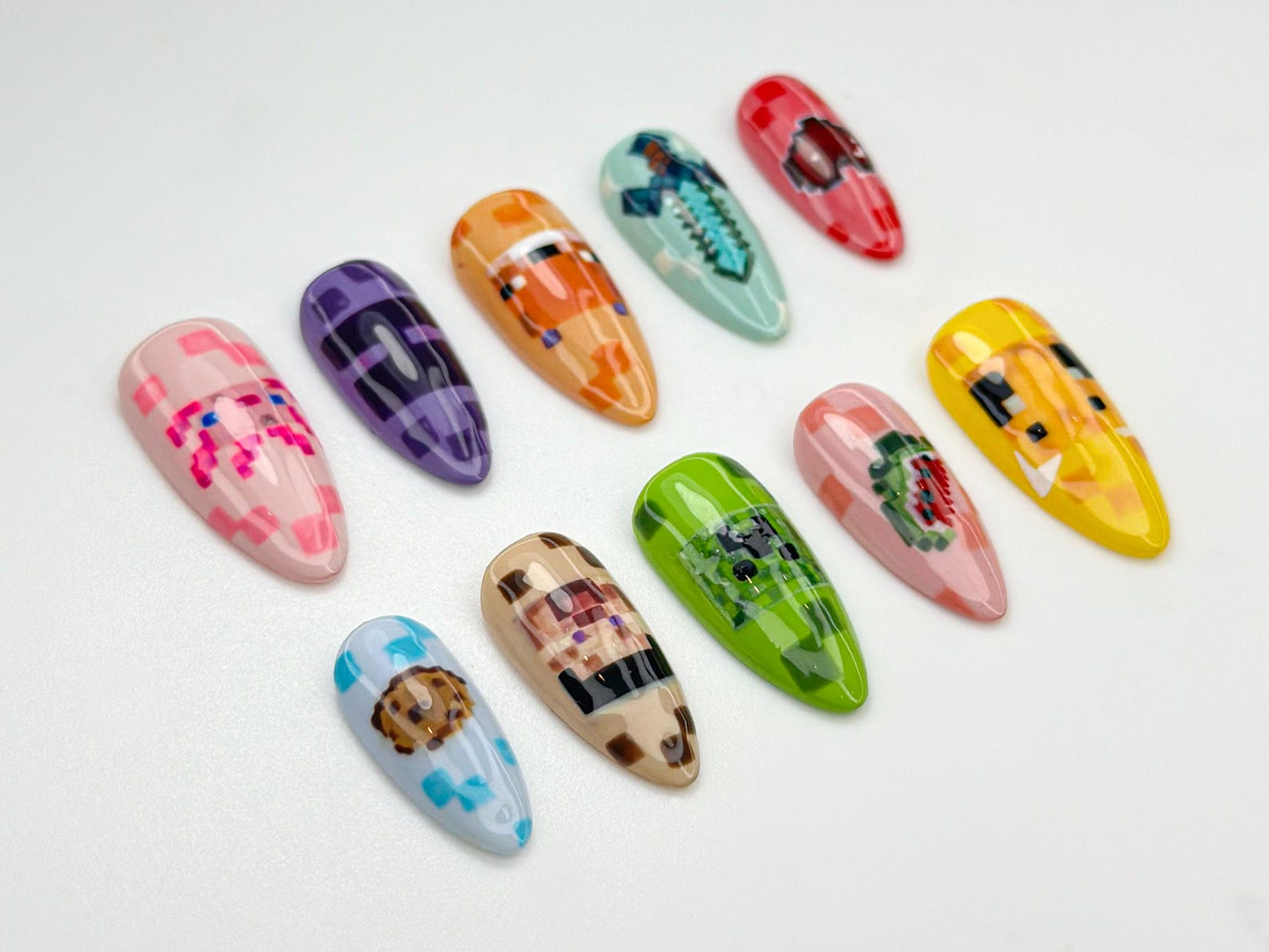 Minecraft Game Press On Nails | Pixel Game Nail Art | Cute Pixel Sword & Mob Nails | Gamer Girl Press Ons | Fun Geeky Gaming Nails | JA810HC