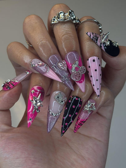 Y2K Gyaru Hello Kitty Nails | Pink Leopard & Tiger PrCyber Goth Glitter Stilettoint Press Ons | Luxury  Art| OB388IG