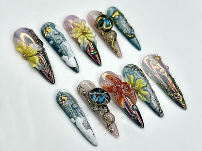 Mystical Forest Bloom Press On Nails | 3D Butterfly Vine Nail Art | Fantasy Nature Sculpted Nails | Metallic Galaxy Tips | JB955EK