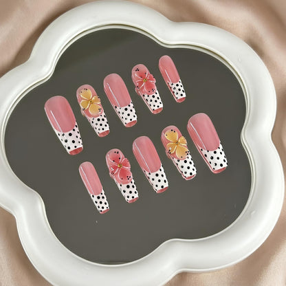 Retro Polka Dot Press On Nails | 3D Floral French Tip | Y2K Pastel Summer Nails | Bold Party Vacation | Custom Shape Handmade Set | OB1353DK