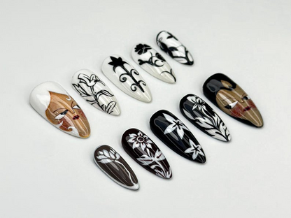 Monochrome Face Press On Nails | Black and White Nail Art | Bold Graphic Nail Set | Feminine Line Art Nails | Minimalist Face Nails |JB905HC