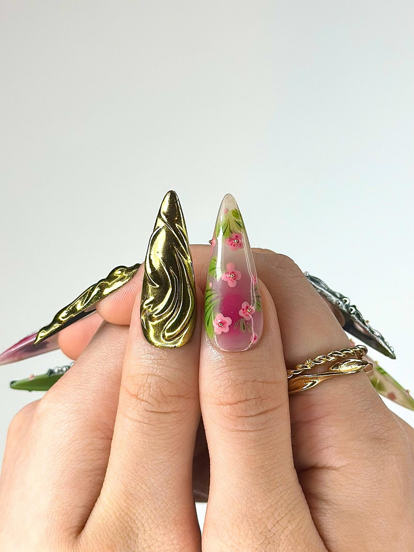 3D Luxury Floral Press On Nails | Flower Gold Chrome Nails | Handmade Statement Nail Art | Elegant Long Press Ons | HB997GK