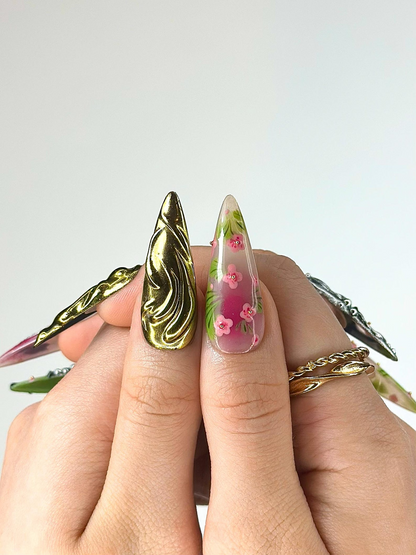 3D Luxury Floral Press On Nails | Flower Gold Chrome Nails | Handmade Statement Nail Art | Elegant Long Press Ons | HB997GK