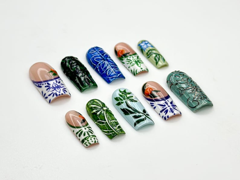 Vintage Botanical Press On Nails | Hand-Painted Ceramic-Inspired Nail Art | Green Leaf Design | Nature-Inspired Press Ons | JB933H