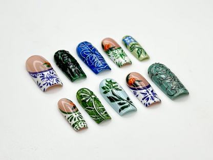 Vintage Botanical Press On Nails | Hand-Painted Ceramic-Inspired Nail Art | Green Leaf Design | Nature-Inspired Press Ons | JB933H