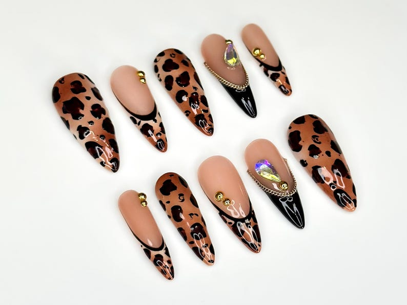 Leopard Fall Press On Nails | Animal Print Nail Art | Glam Rhinestone & Chain Nails | Handmade Long Stiletto Nails |Autumn Press Ons|JB175HC