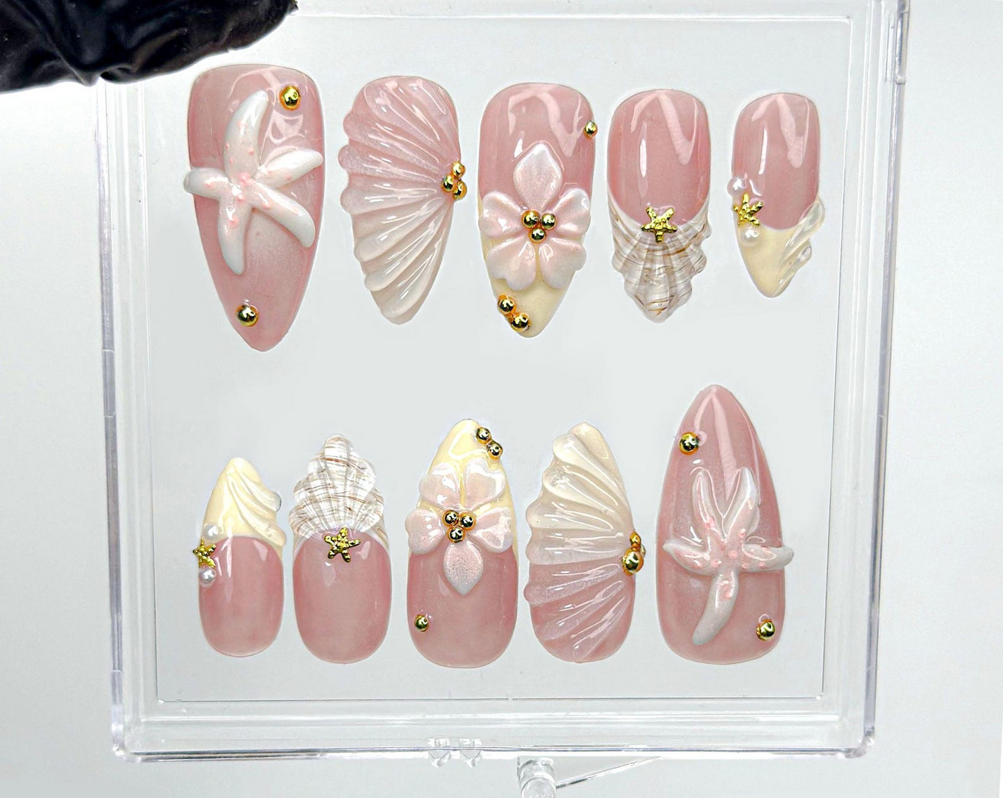 Soft Nude Seashell 3D Press On Nails | Starfish, Shell & Floral Nail Art | Handmade Pastel Nude Beach Nails | HC987EK