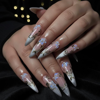 Spring Gothic Blossom Pressons Nails | Dusty Mauve Floral Nails | Iridescent 3D Flower Nail Art | Gold Vine Luxury Nail Set | JB267EC