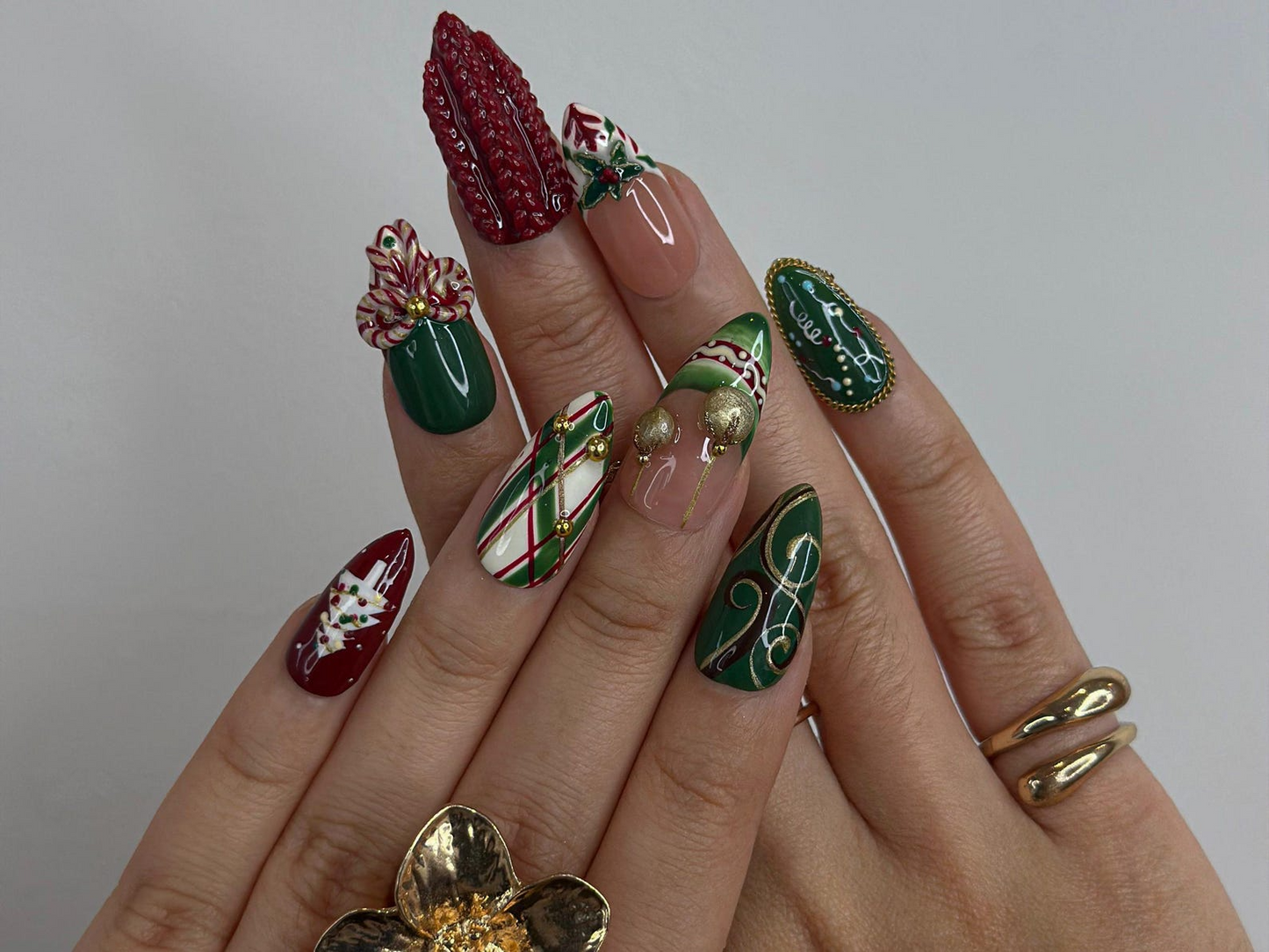 Red & Green Holiday Press On Nails For Christmas | 3D Christmas Nail Art  | Gingerbread & Bow Press Ons | HB1198HC