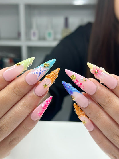Tropical Sea Breeze Press On Nails | 3D Seashell & Starfish Nails | Colorful Ocean Nail Set | Summer Vacation Nails | OB885NC