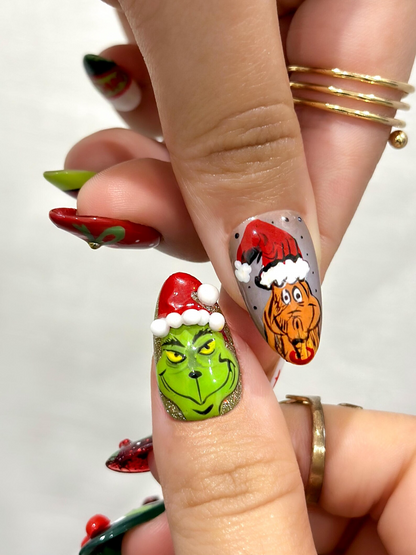 Grinch Mischief Press On Nails For Christmas | Cute Cartoon Winter Nail Art | Funny Holiday Nails | Red Green Christmas Set |JB227EG