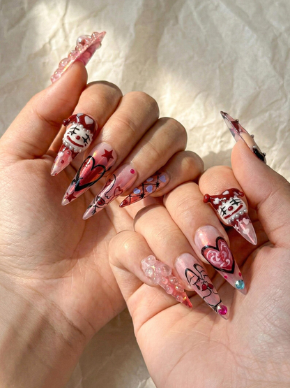 Gothic Valentine Clown Heart Press On Nails for Dark Romance Girls, Handmade Long Pink Chrome Fake Nails, Alternative Love Nail,JB278EC