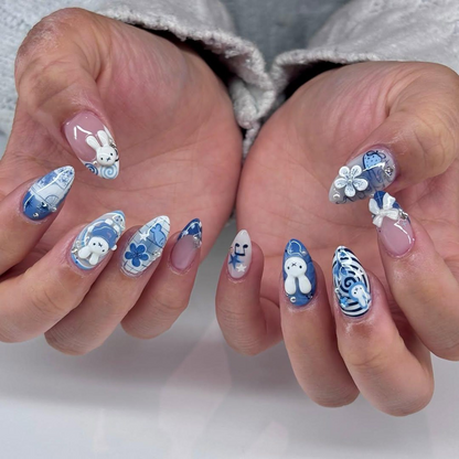 Blue Bunny Kawaii Press On Nails | 3D Rabbit Nails | Cute Cartoon Bunny Nails| Hand Painted Blue Aesthetic Nails | Easter Press Ons| JB321HC