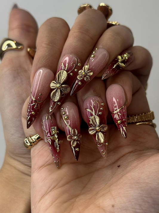 Golden Red Press On Nails | Burgundy & Gold Floral Nail Art | 3D Metallic Flower Design | Luxury Nail Set | Long Stiletto Press Ons| DC878HC
