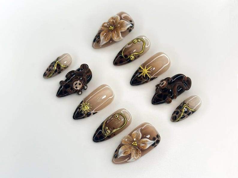 Jungle Safari Monkey Press On Nails | 3D Flower & Leopard Print Nail Art | Exotic Animal Nail Set | Handmade Safari Nails | A1116K