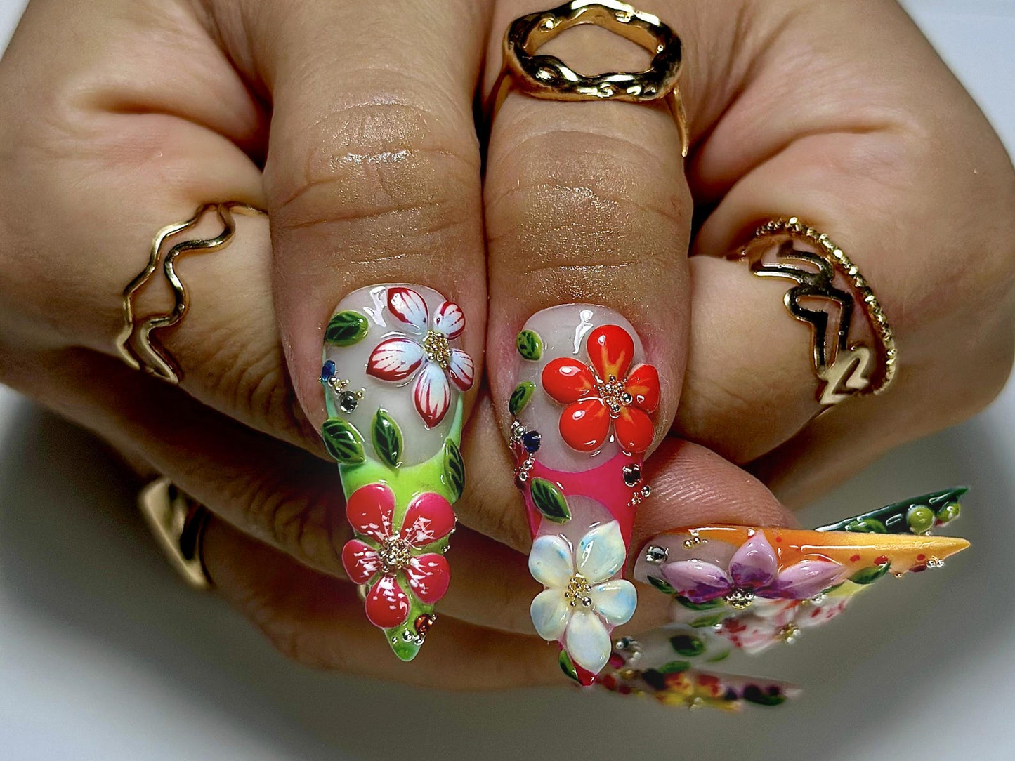 Tropical Garden Explosion Press On Nails | 3D Colorful Floral Nail Art | Rainbow Gradient Tips with Leaves & Gems | JB989EC