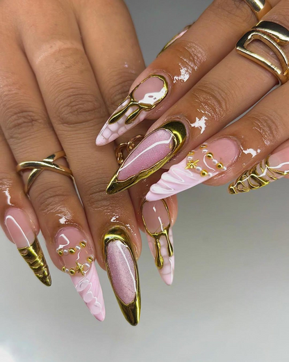 Nude Pink Gold Press On Nails | Luxury Molten Metal Nail Art | Elegant Long Stiletto Press Ons | Baroque Couture Nail Design | HC1246HC