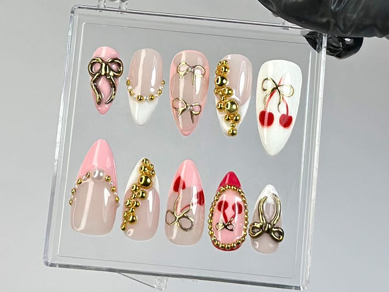 Romantic Cherry Press On Nails | Handmade Cherry, Gold Bead Press Ons | Pink & Gold Bow Fake Nails | French Tip Nail Art | HC782YK