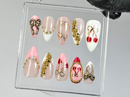 Romantic Cherry Press On Nails | Handmade Cherry, Gold Bead Press Ons | Pink & Gold Bow Fake Nails | French Tip Nail Art | HC782YK