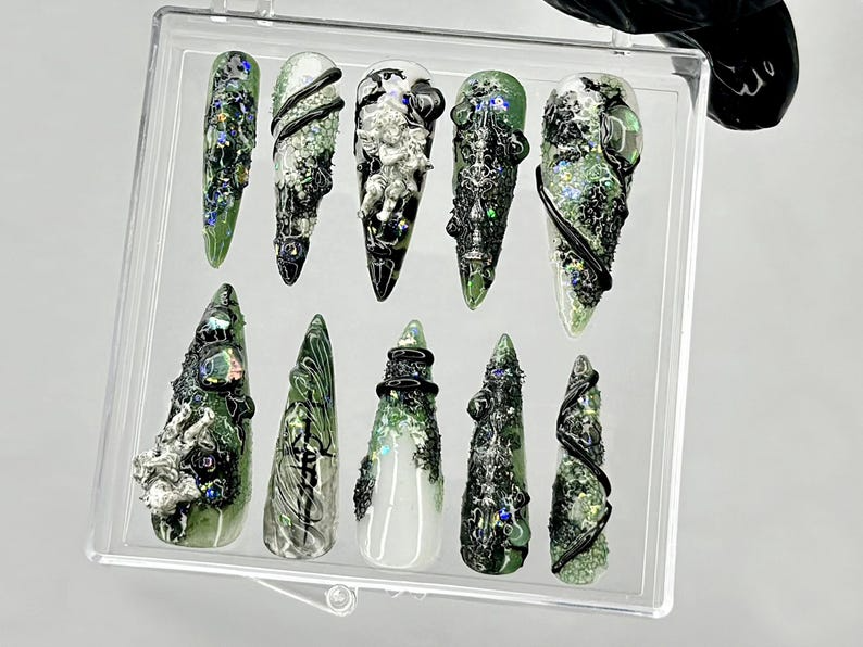 Emerald Witch 3D Press On Nails | Spooky Witch Nail Art | Creepy Cute Press Ons | Black Green Horror Fake nails | 3D Creepy Nails | HB945YC