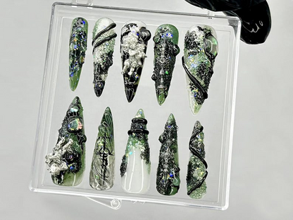 Emerald Witch 3D Press On Nails | Spooky Witch Nail Art | Creepy Cute Press Ons | Black Green Horror Fake nails | 3D Creepy Nails | HB945YC