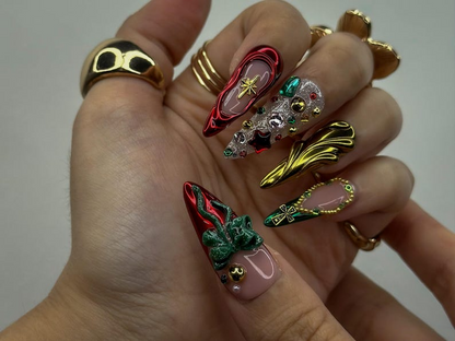 Luxe Ornament Christmas Press On Nails | 3D Holiday Nail Art | Red & Green Chrome Nails | Rhinestone Design | Festive Press Ons | JB214HC