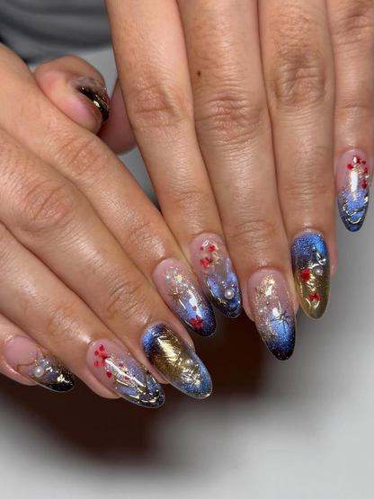 Luxury Navy Gold Press On Nails, Mystic Galaxy Floral Nails, Reusable Stiletto Nail with Gold Filigree and Shimmering Night Sky Art, JB307HC