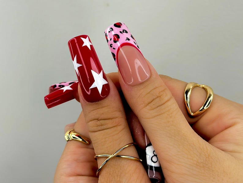 Retro Cherry Leopard Press On Nails | 8 Ball & Red Star Nail Art | Pink Leopard Print Nails | Handmade Pop Art Nail Set | JB115EC