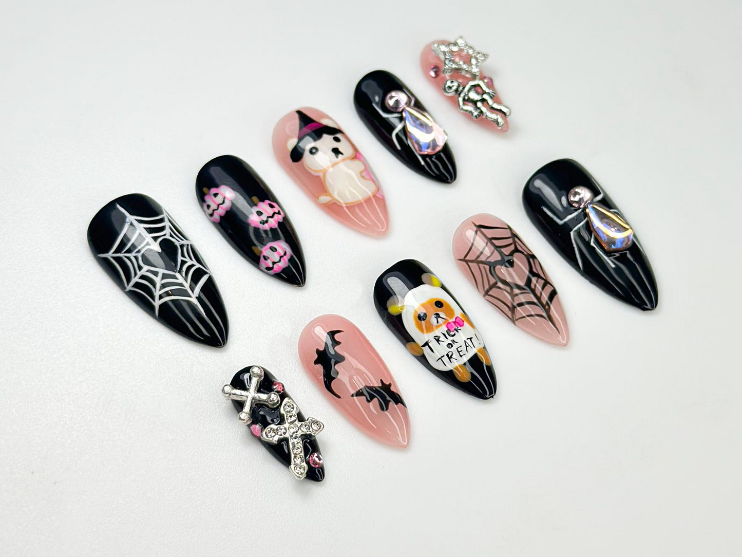 Spooky Bear Press On Nails | 3D Halloween Nail Art | Handmade Web & Bat Design | Cute Creepy Nails | Unique Black Pink Press Ons | JB167HC