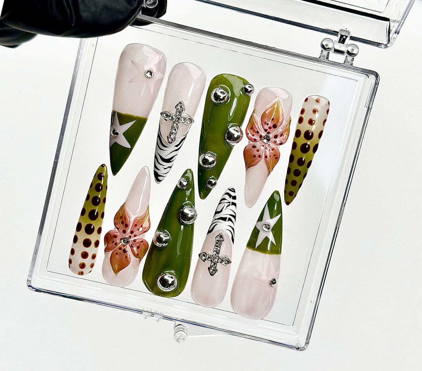 Safari Chic Press On Nails | Olive Green and Cross Nail Set | Pink Flower and Jungle Vibe | Animal Print & Chrome Accent | HC965EK