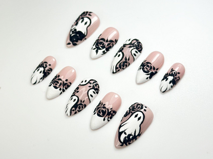 Ghost & Roses Halloween Press On Nails | Black Lace Rose Nail Art | White Halloween Nails | Handmade Spooky Glam Press Ons | JC129HC