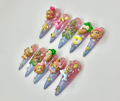 Hello Kitty Kawaii 3D Press On Nails | Tropical Cute Nail Art | Summer Ocean Theme | Tropical Flowers & Sea Animal Design | JC920EK
