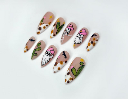 Western Ghost Cowgirl Press On Nails | Spooky Desert Nail Art | Halloween Cactus Nails | Cow Print & Pink Hat Ghost Design | HB1069EC