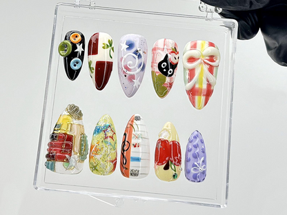 Jiji Cat & Colorful Abstract Press On Nails | Unique Cartoon Fake Nails | Whimsical Art Nail Art | Mixed Media Press Ons | Summer | HB880YC