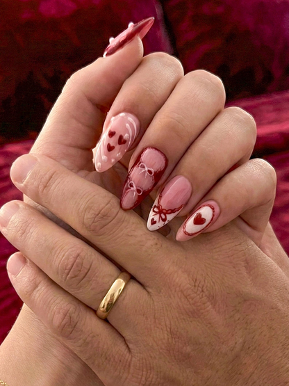 Press On Nails Adhesive Tabs – Pink Red Heart & Bow Design Long Almond Handmade Fake Nails for Valentine Gift