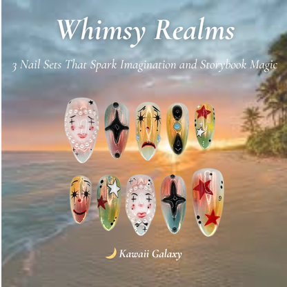 Whimsy Realms Nail Bundle | 3 Fantasy Press On Nail Sets | Button World, Kawaii & Circus Styles