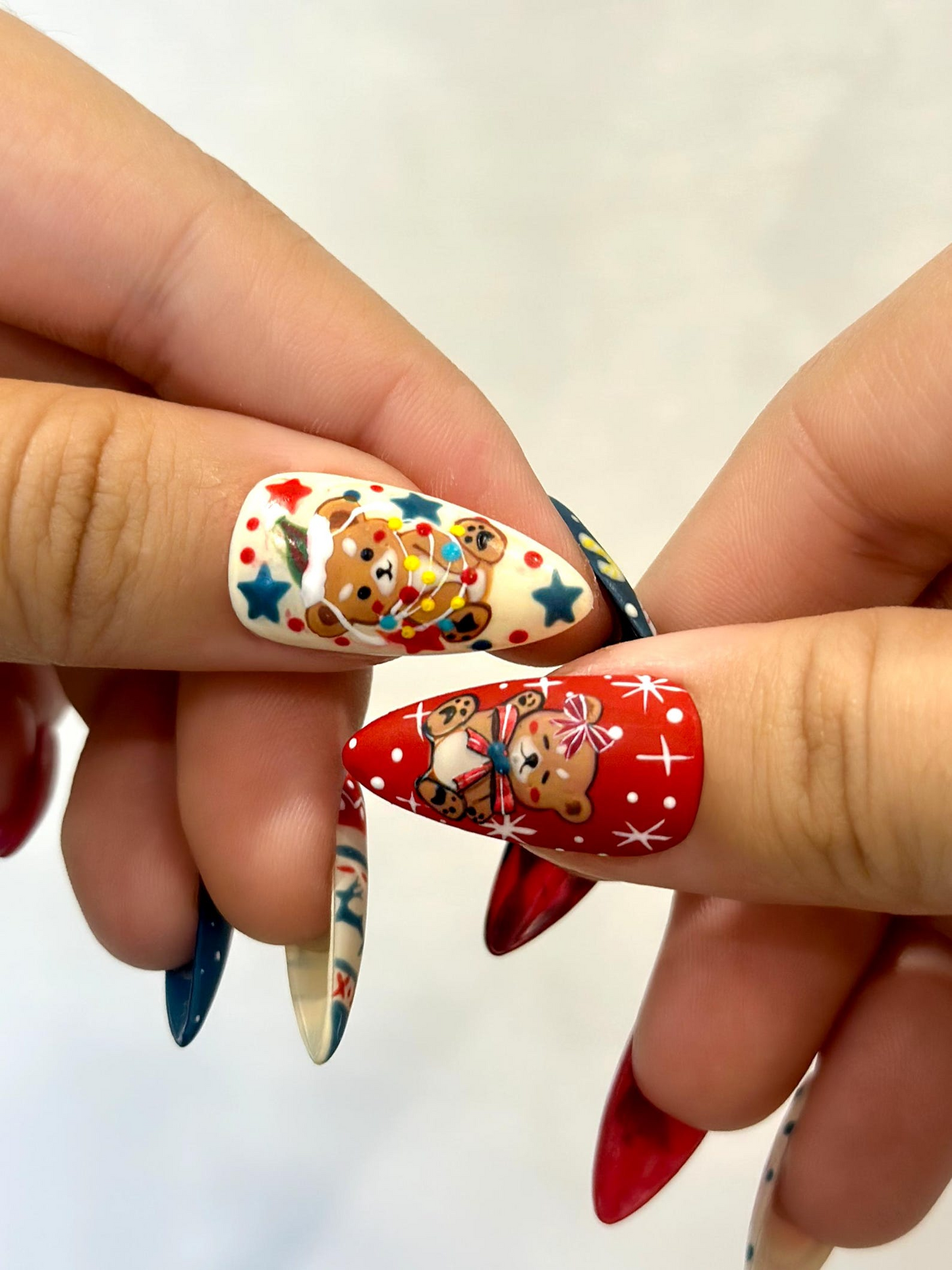 Cozy Teddy Christmas Press On Nails | Festive Winter Nail Art | Cute Bear & Snowman Art | Red Navy Candy Cane Nails | JB234EC