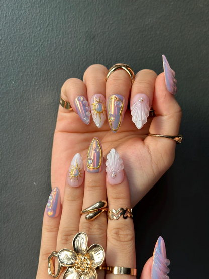 Iridescent Sunshine Press On Nails | Golden Sun Nail Art | Sunshine & Waves with Gold Accents | Handmade Unique Nail Set | HB1098HC
