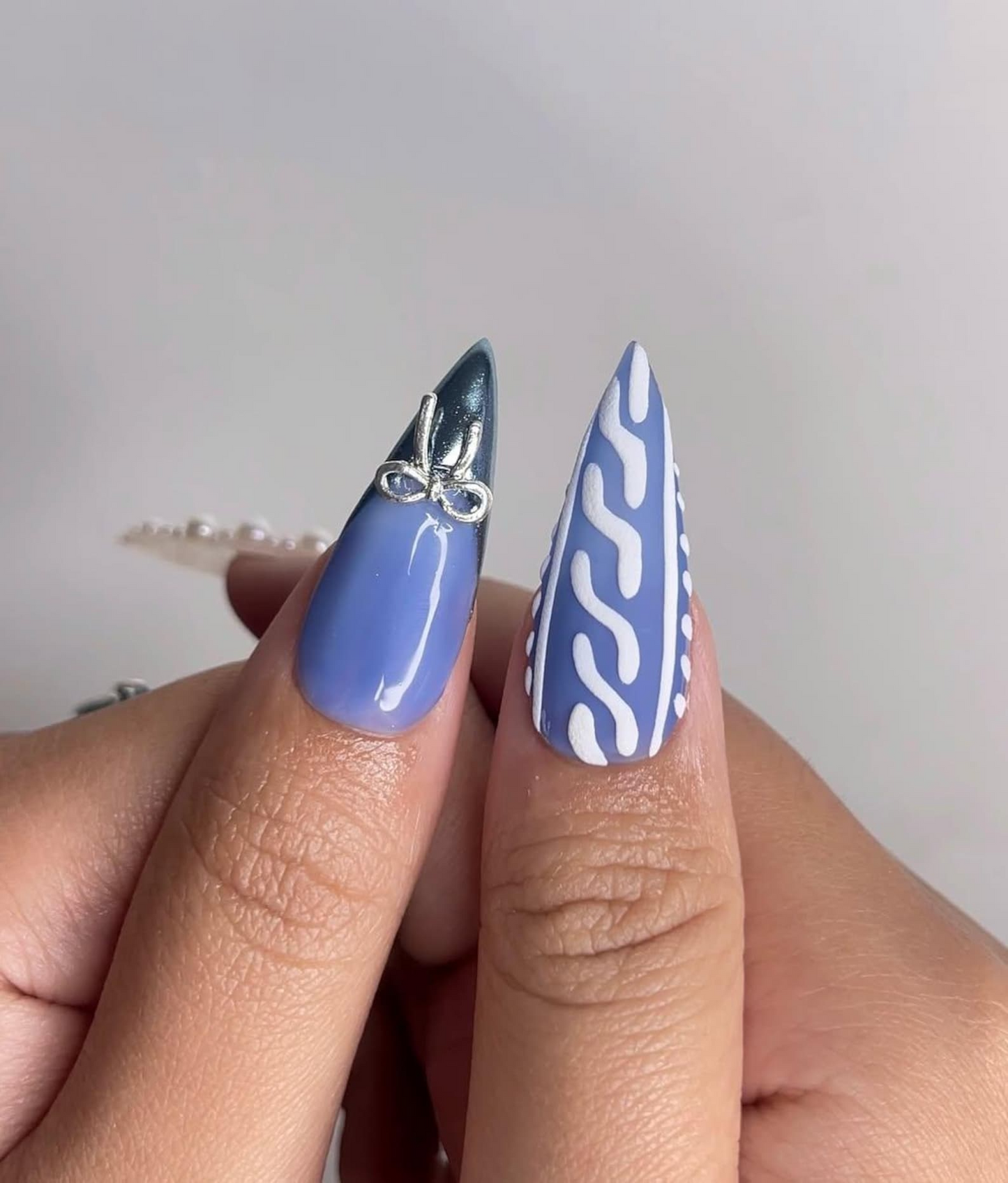 Frosted Winter Elegance Christmas Nails | Icy Blue Chrome Nail Art | Pearl Snowflake Design | Winter Wonderland Nails | Luxury Nail|HB1199HK