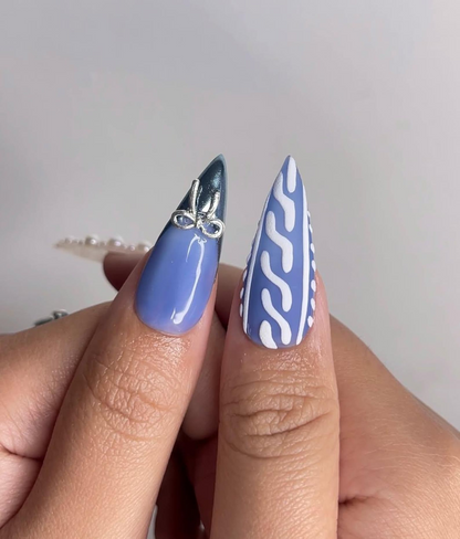 Frosted Winter Elegance Christmas Nails | Icy Blue Chrome Nail Art | Pearl Snowflake Design | Winter Wonderland Nails | Luxury Nail|HB1199HK