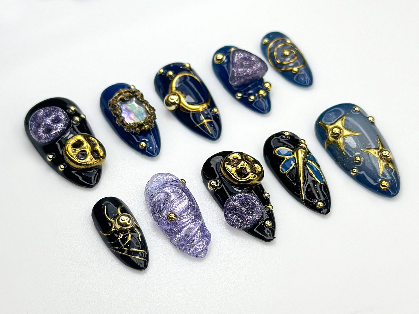 Cosmic Galaxy Press On Nails | Celestial Moon Star Nail Art | Dark Blue & Gold Mystical Nails | Opal Constellation Nail Design | JC860H