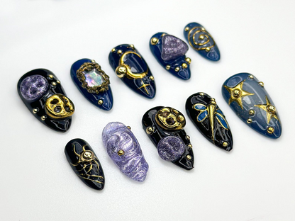 Cosmic Galaxy Press On Nails | Celestial Moon Star Nail Art | Dark Blue & Gold Mystical Nails | Opal Constellation Nail Design | JC860H