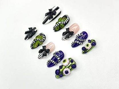 Monster Ribbon Press On Nails | Beetlejuice-Inspired Nail Art | Green & Purple 3D Eyes Design | Black Bow Striped Nails |HB1165BC