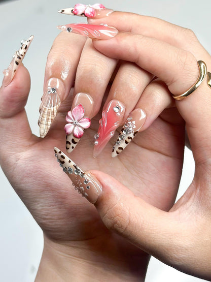 3D Hibiscus Flower & Tropical Muse Nails | Ethereal Goddess Press Ons | Luxury Seashell Art Nails |Nude Pink Floral Summer Nails | JB360IC
