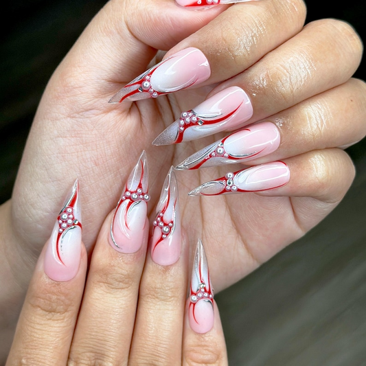 Red Silver Flame Press On Nails | Elegant Long Nail Art | Luxury Red Silver Fake Nails | Silver Flame Press Ons | Long Nails | HC148YK