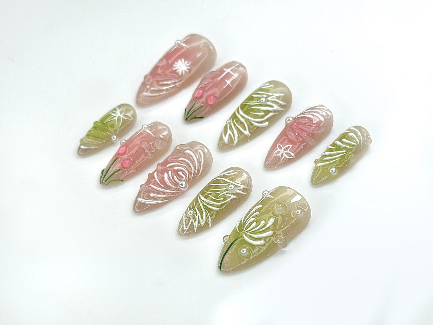 Dewdrop Meadow Press On Nails | Pastel Green & Pink Shimmer | Hand-Painted Floral Line Art and Crystal Accents | JB987EK
