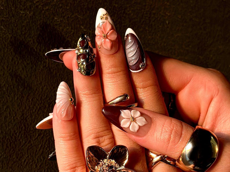 Mystic Bloom Luxury Press On Nails | Metallic Floral Accent Nails | Purple Gradient & 3D Flower Design | Elegant Gothic Nail Art | HB1084EK
