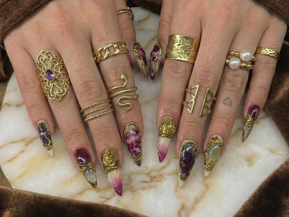 Gothic Garnet Gold Press On Nails | Frech Tips Gold Couture Nail Art | Burgundy Jade Statement Nails | Handmade Luxury Stiletto Set JB270EC