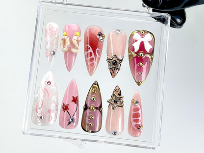 3D Star Bow Pink Press On Nails | Artistic Y2K Style Fake Nails |Trendy Cute Handmade Nail Art |Starry Pink Press Ons |Gothic Nails |HB873YK