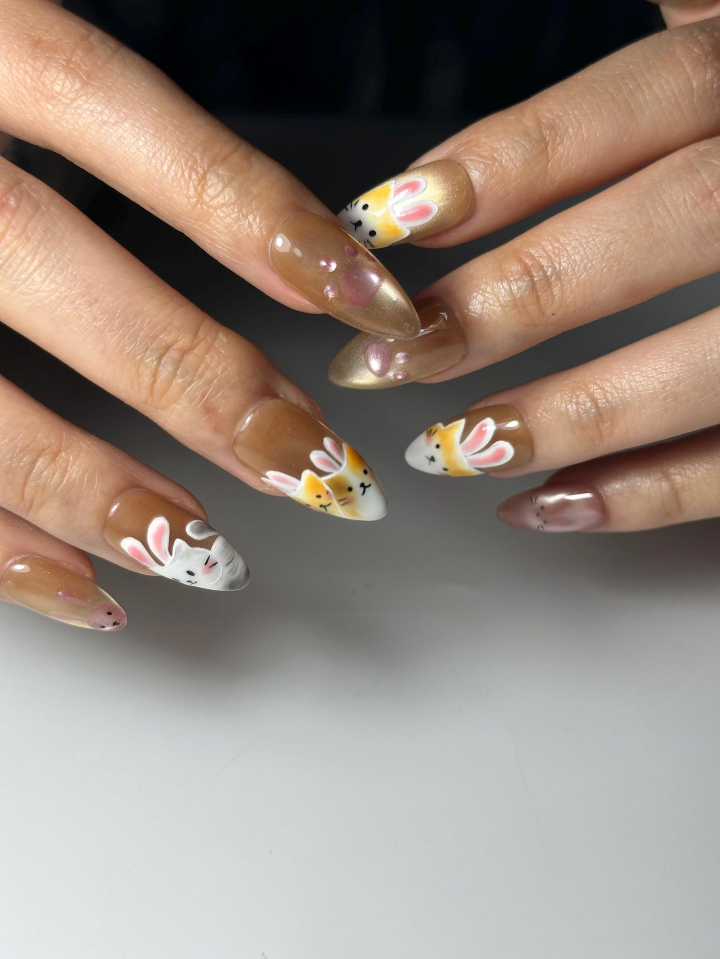 Bunny Cat Gold Press On Nails | Cute Rabbit Kitty Nail Art | Kawaii Animal Nails | Gold Almond Nails | Handmade Press Ons | HC1301HC